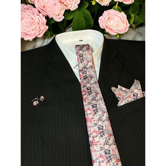 3 Pc Pink Floral Tie Set - Tie Pocket Square Cufflinks 57.75"x3.25" - Picture 1 of 4